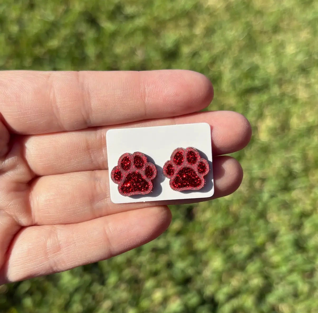 Red Glitter Paw Stud Earrings