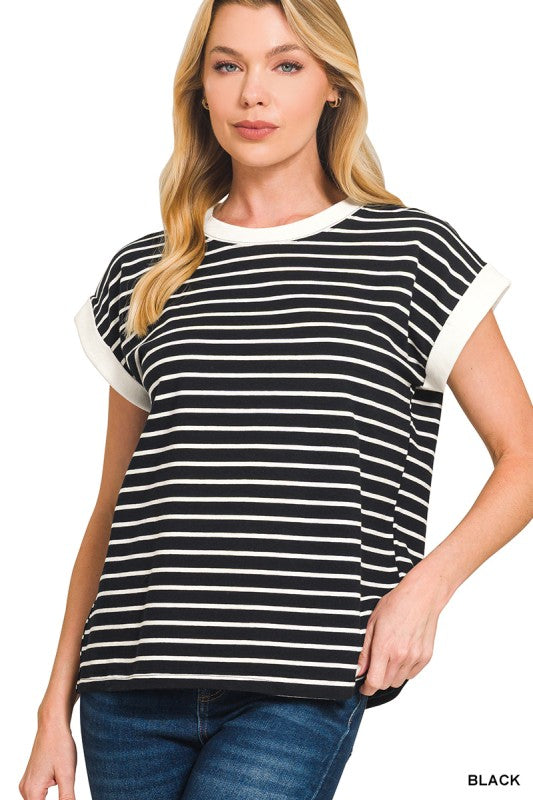 Black + White Stripe Short Sleeve Top