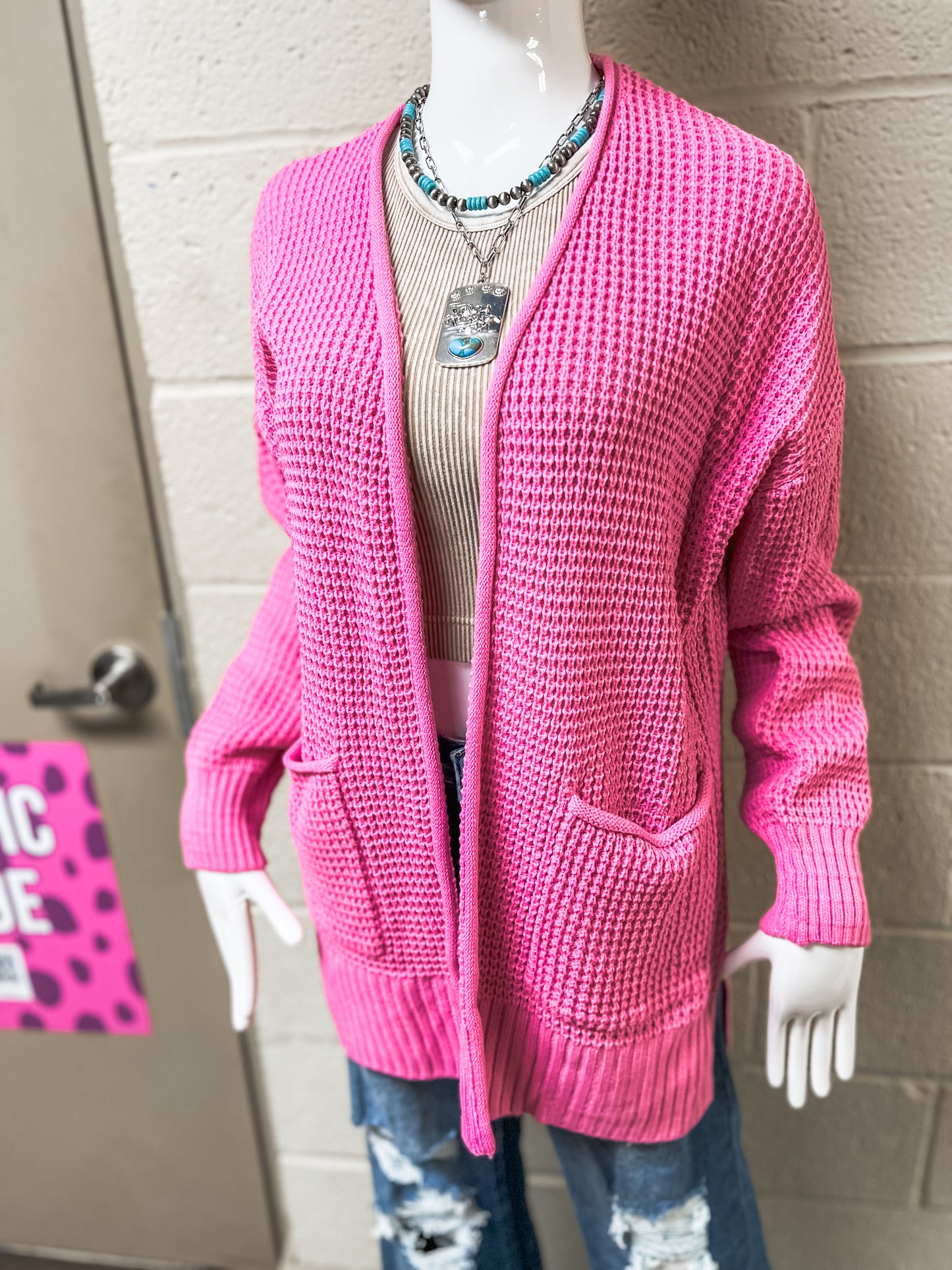Candy Pink Waffle Knit Cardigan