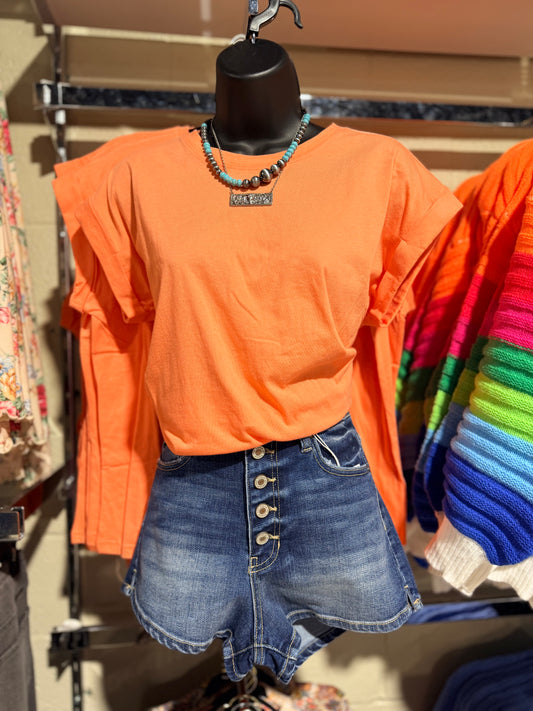 Coral Cotton Rolled Sleeve Top