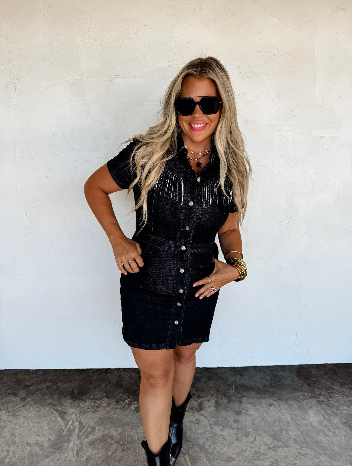 MEDIUM Black Rhinestone Rebel Denim Dress – Osage Chic Boutique