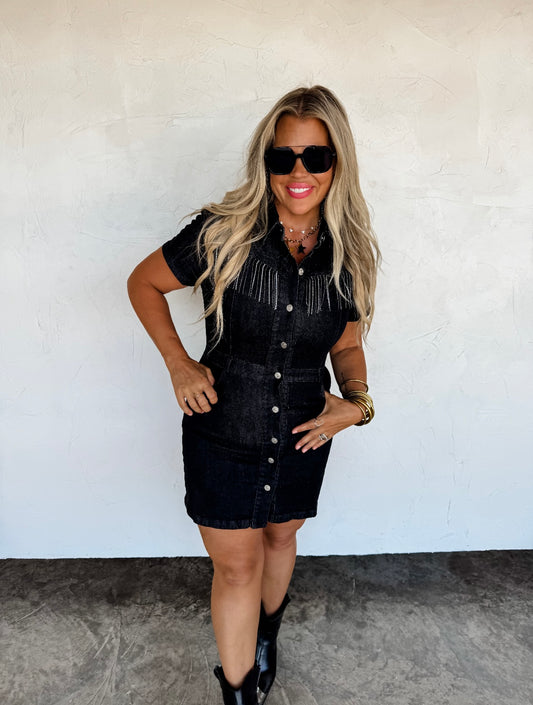 Black Rhinestone Rebel Denim Dress