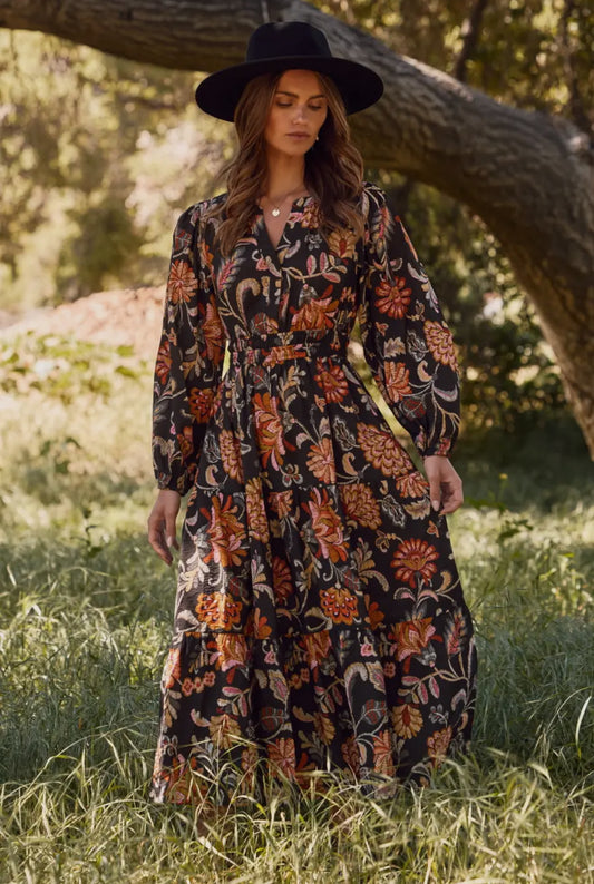 Charcoal Boho Floral Long Sleeve Maxi Dress