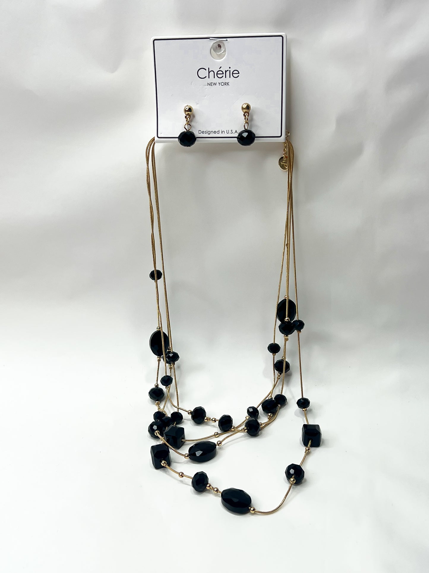 Gold + Black Layered Necklace + Earrings Set