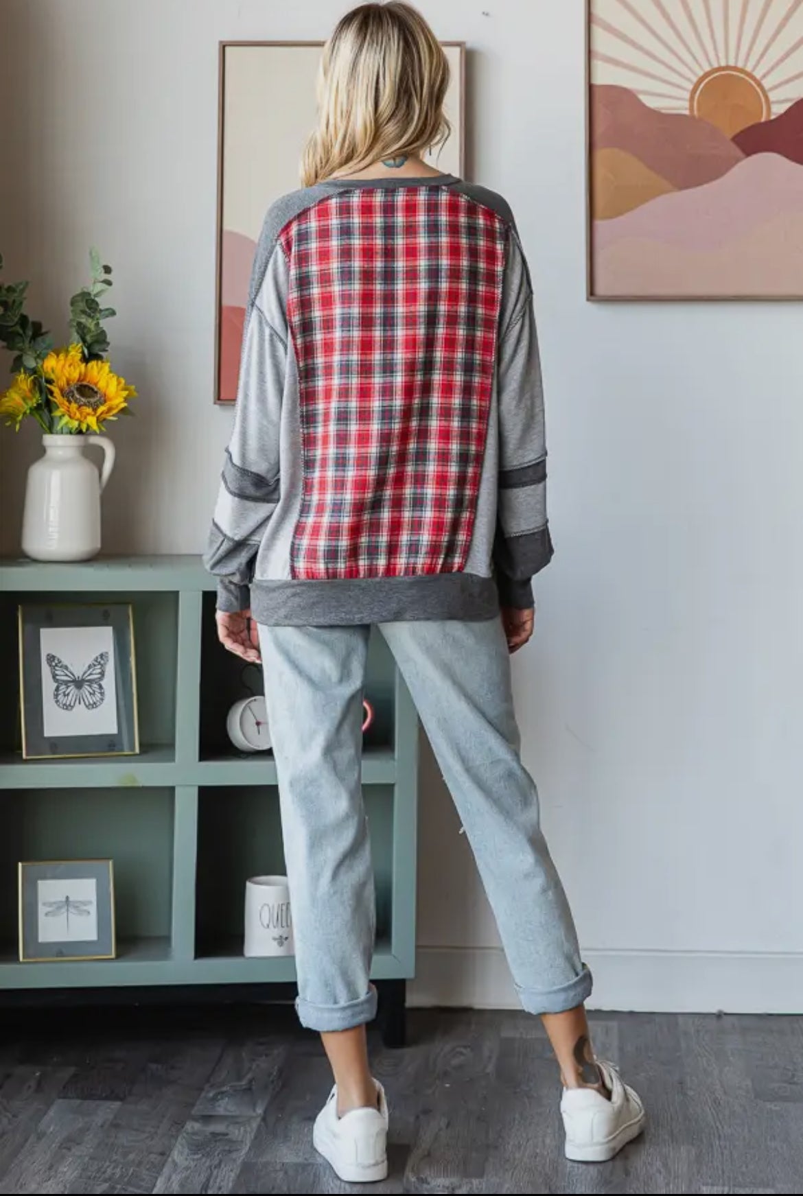 Grey + Plaid Colorblock Long Sleeve Top
