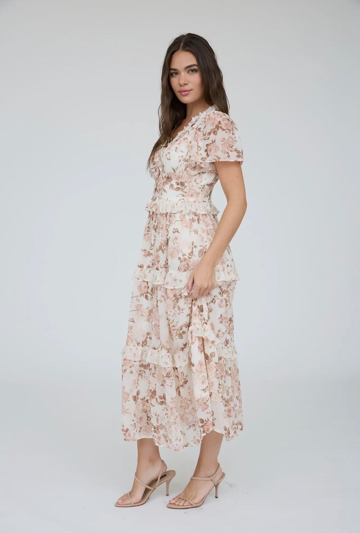 Ivory Floral Tiered Midi Dress