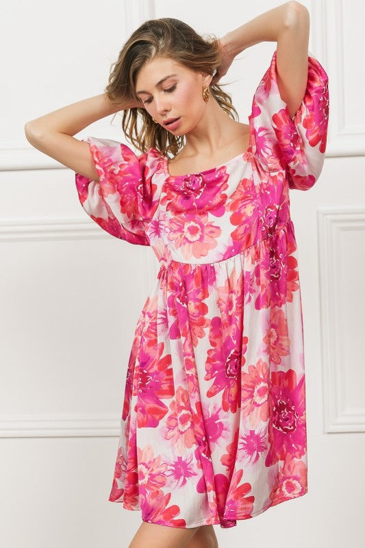 Magenta Satin Floral Square Neck Dress