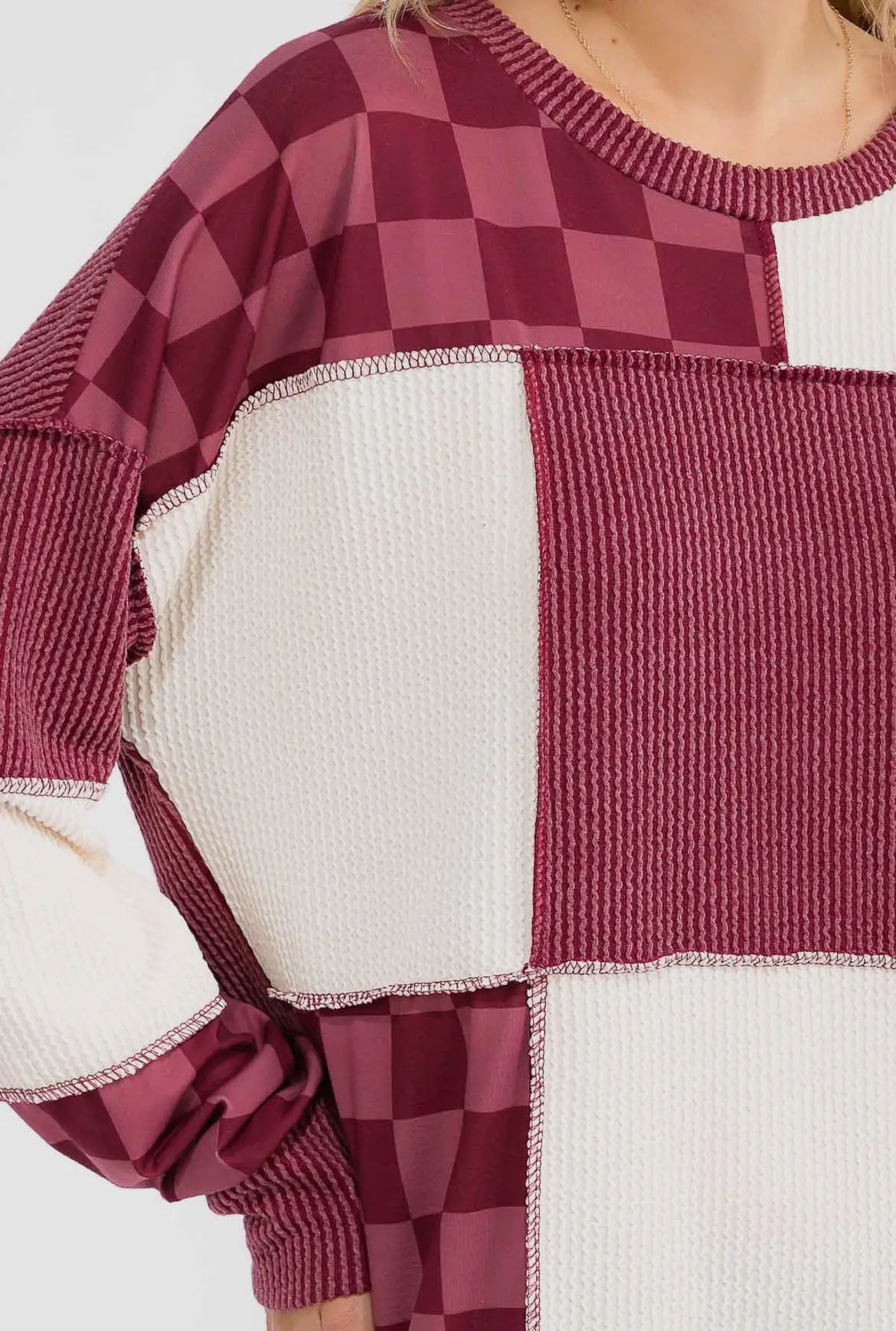 Burgundy + Checkered Ribbed Colorblock Long Sleeve Top
