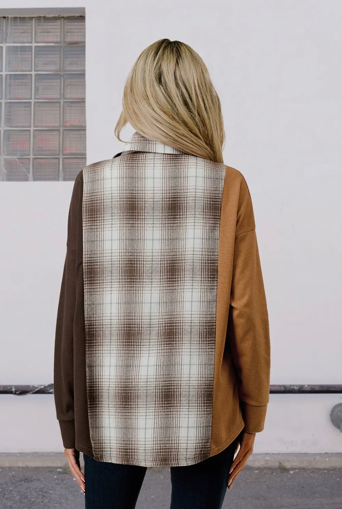 Coffee Plaid Color Block Shacket