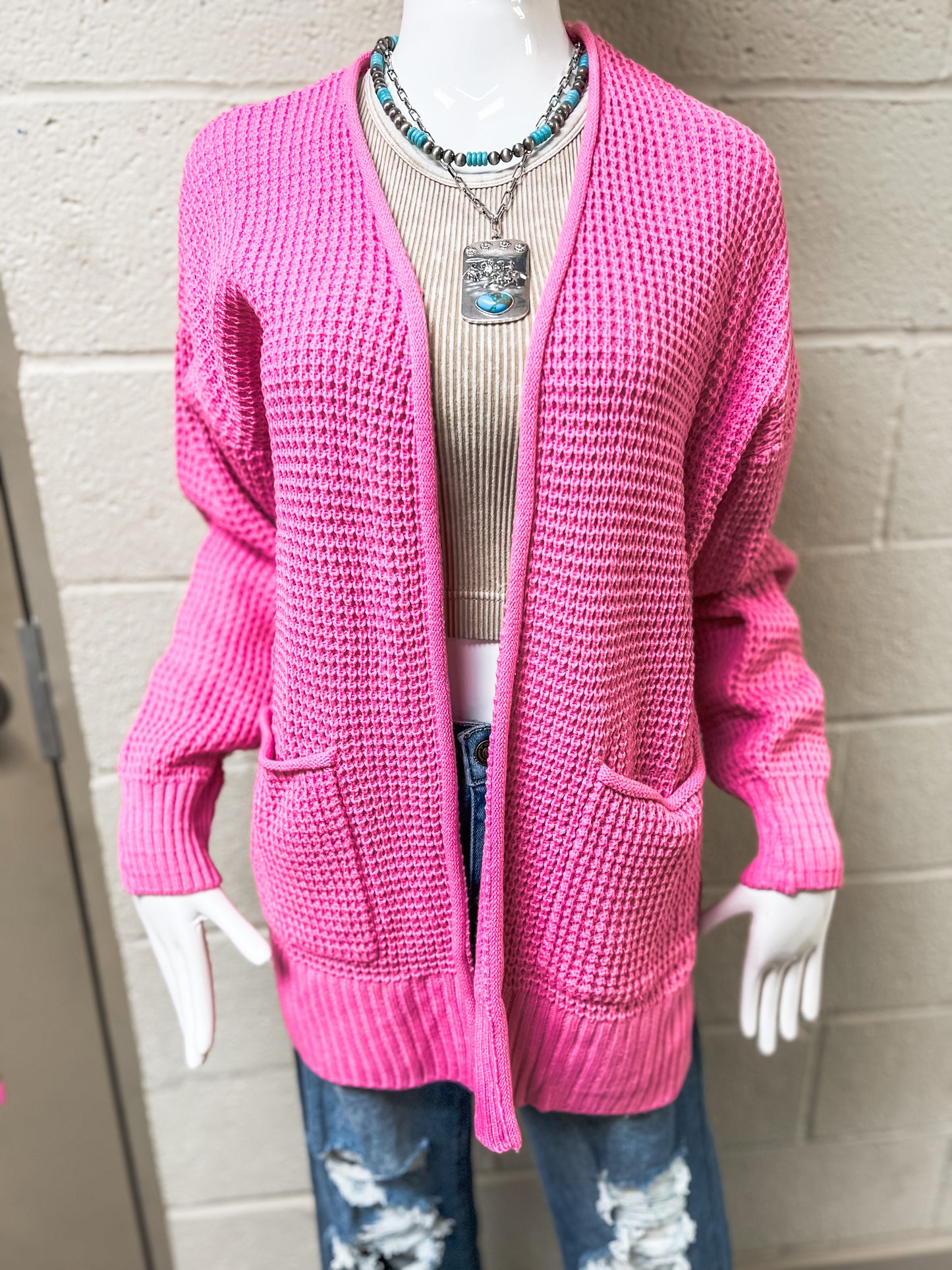 Candy Pink Waffle Knit Cardigan