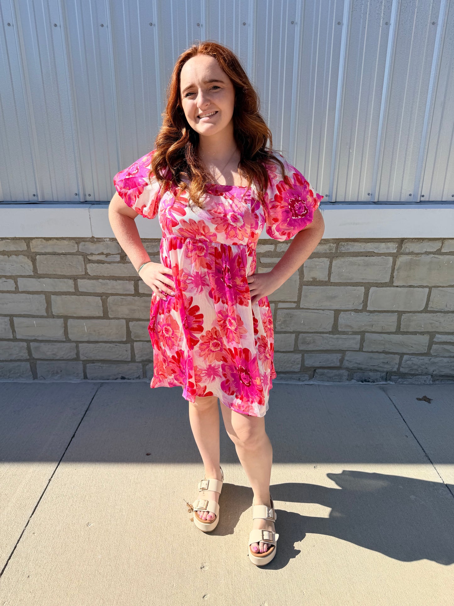 Magenta Satin Floral Square Neck Dress