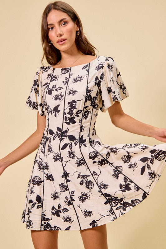 Ivory & Black Floral Fit & Flare Dress