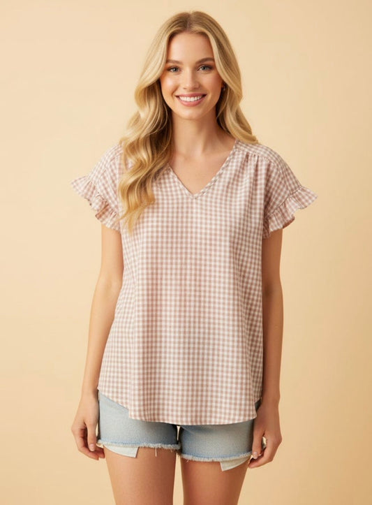 Dusty Rose Gingham Ruffle Sleeve Top