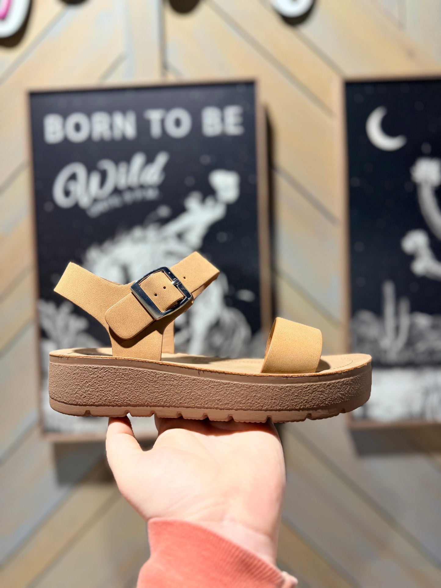 Tan Delaney Buckle Platform Sandals