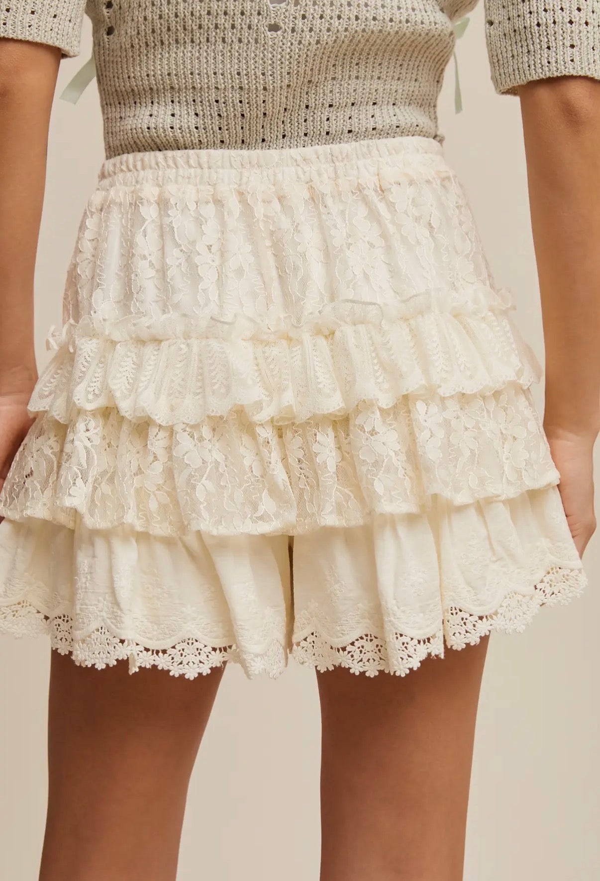 Cream Lace Tiered Ruffle Shorts