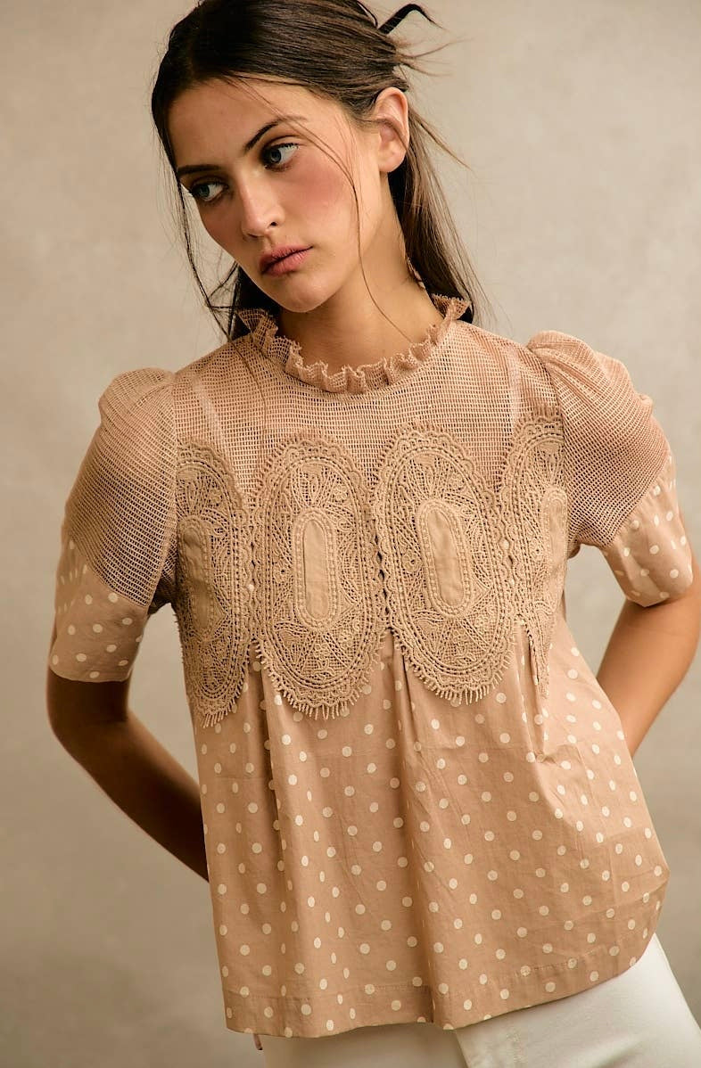Beige Polka Dot Lace Trim Top