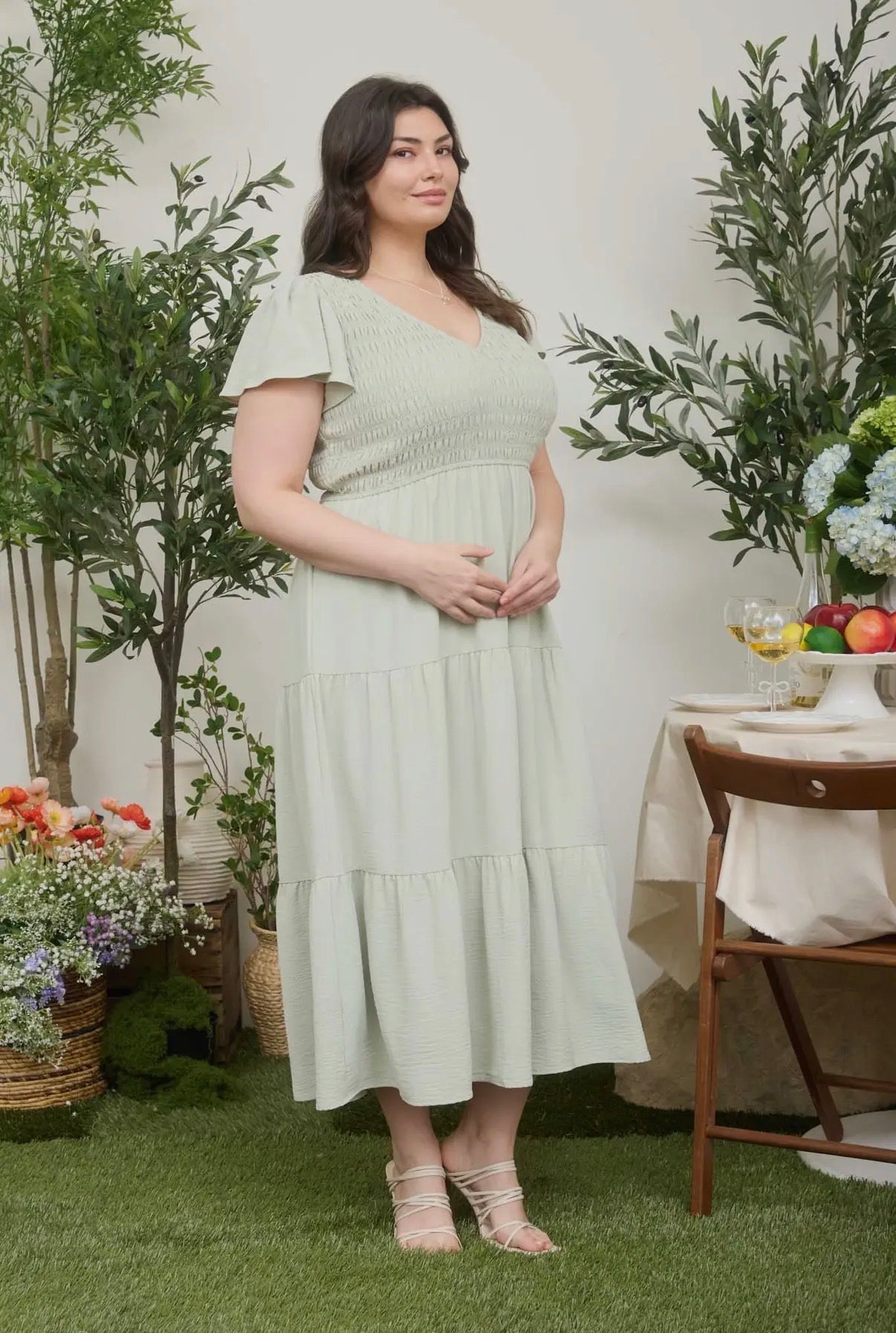 Sage Smocked Flutter Sleeve Midi Dress