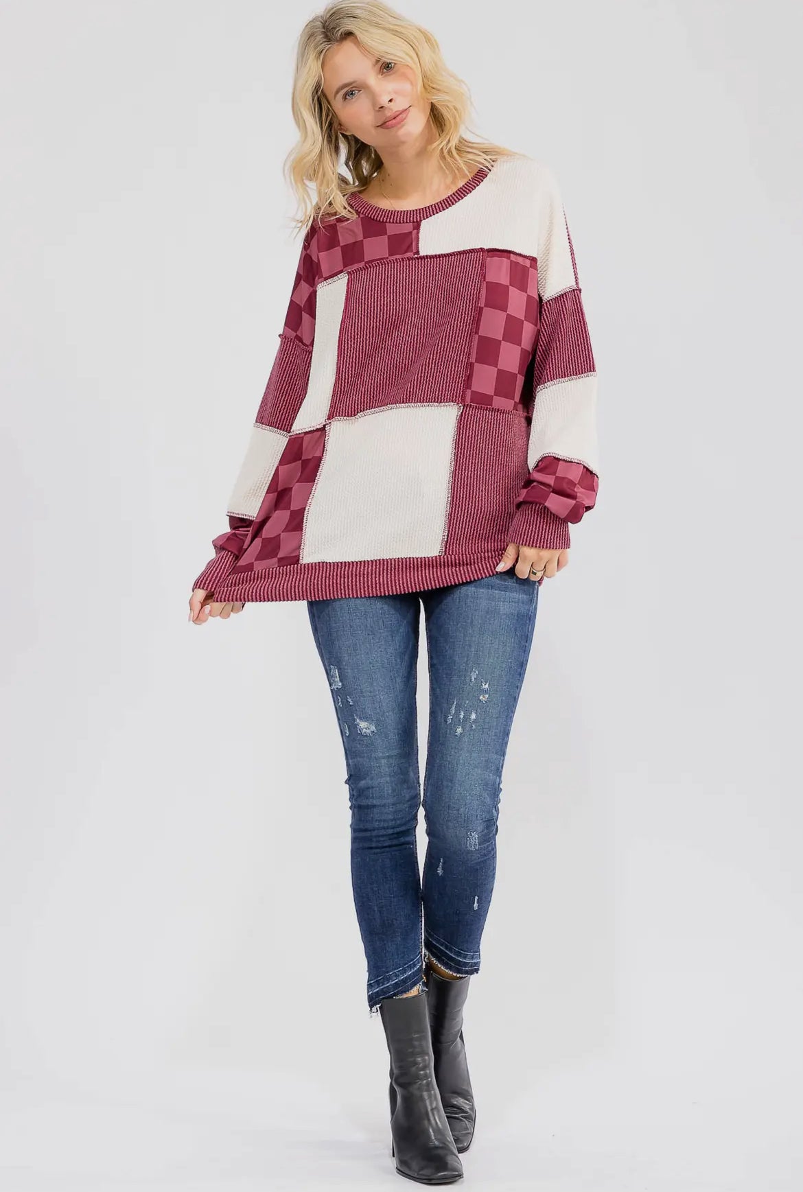 Burgundy + Checkered Ribbed Colorblock Long Sleeve Top