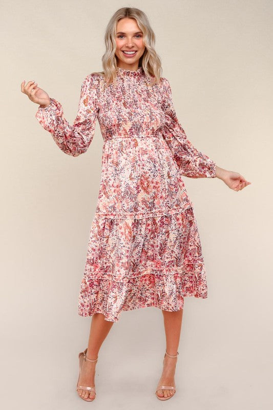 Marsala Satin Floral Smocked Midi Dress