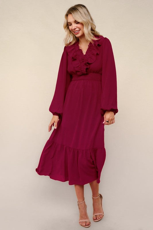 Burgundy Ruffle V-Neck Long Sleeve Dress