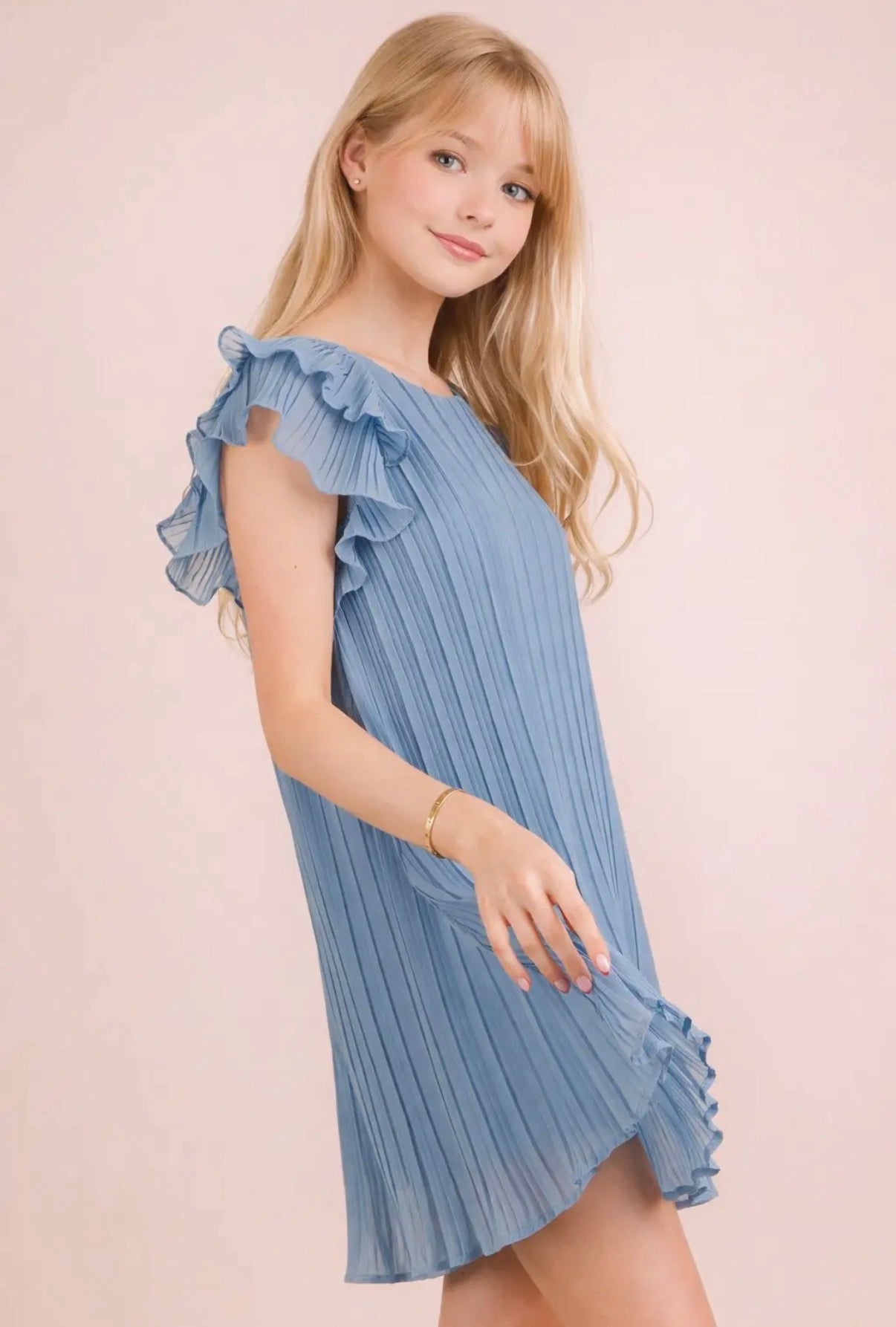 Blue Pleated Ruffle Sleeve Dress