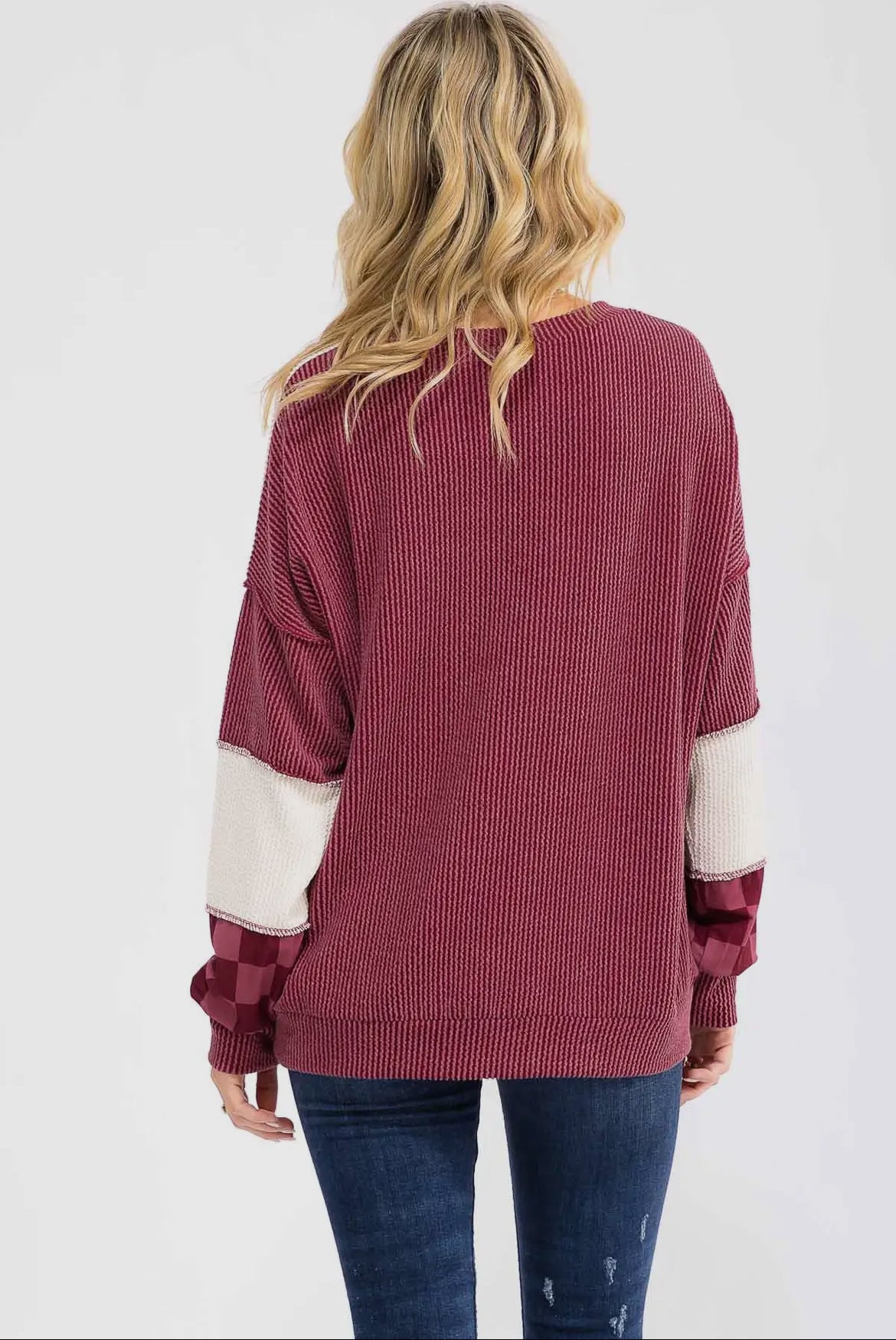 Burgundy + Checkered Ribbed Colorblock Long Sleeve Top
