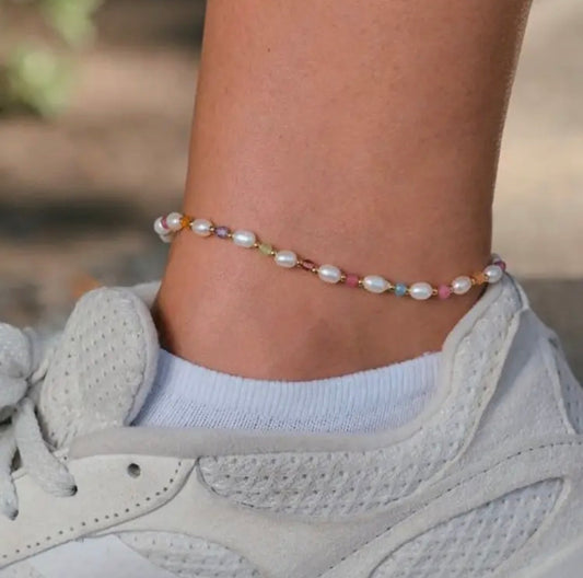 Gold Beaded Colorful Pearl Anklet
