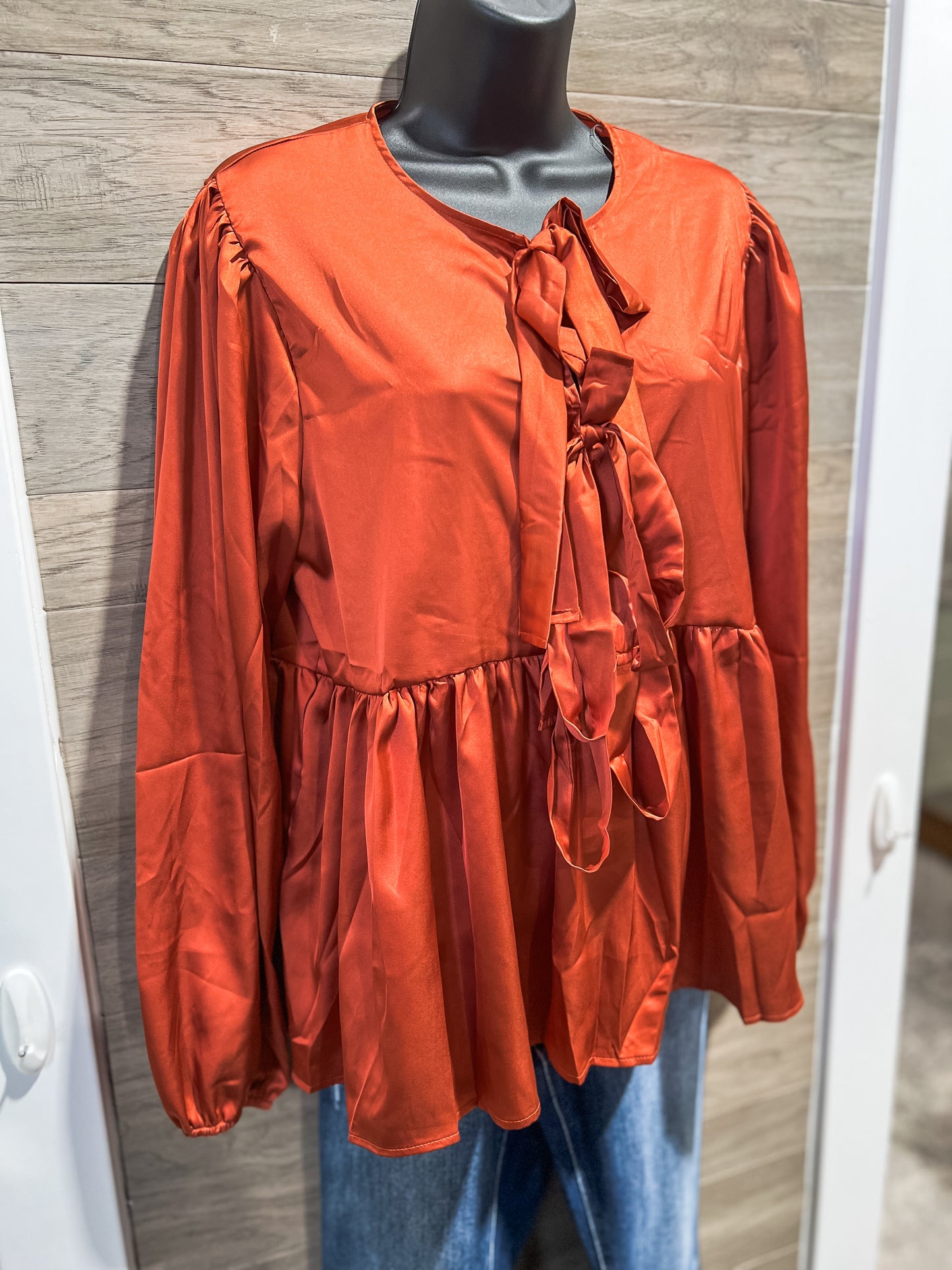 Rust Satin Bow Front Babydoll Blouse