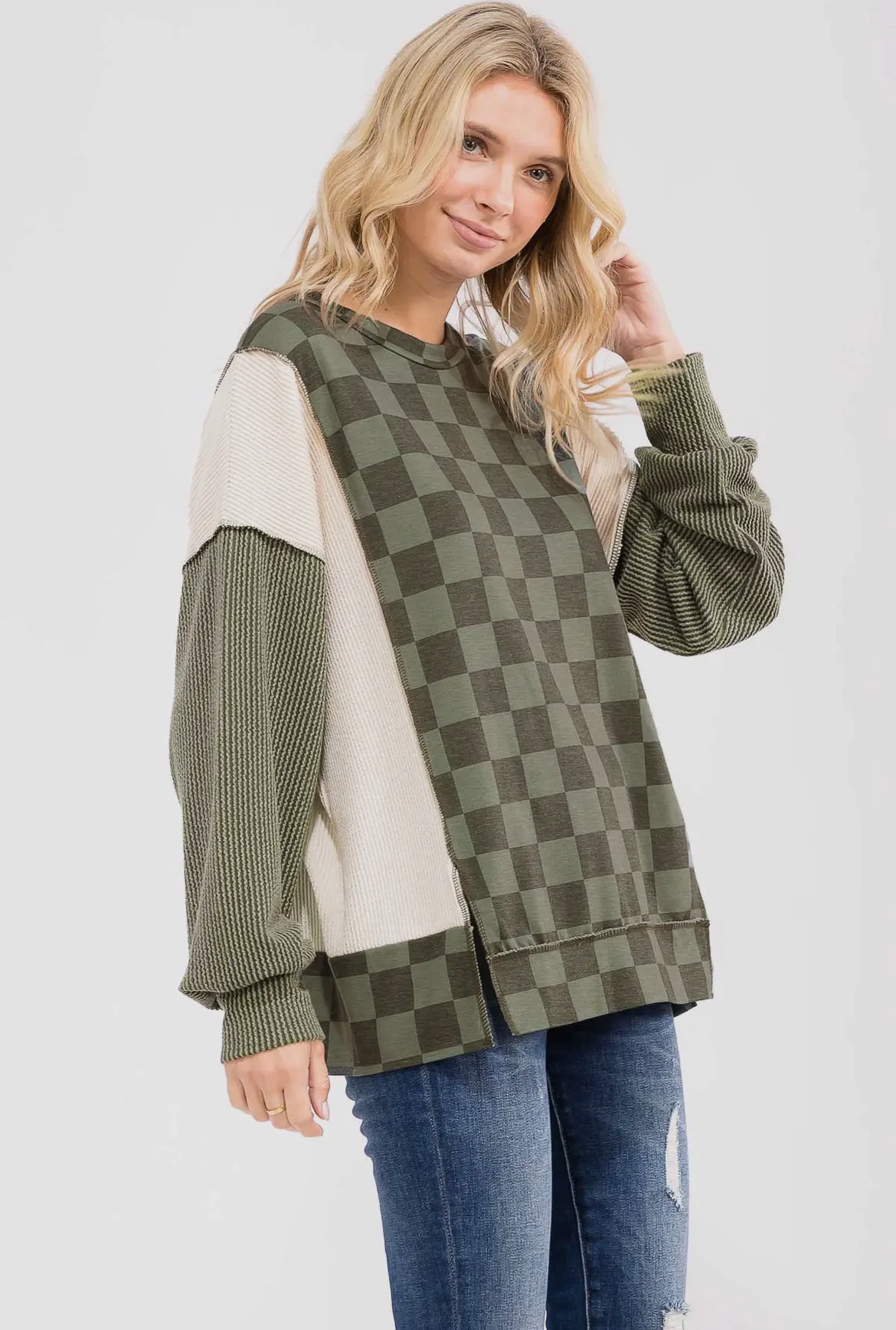 Olive Checkered Ribbed Colorblock Long Sleeve Top