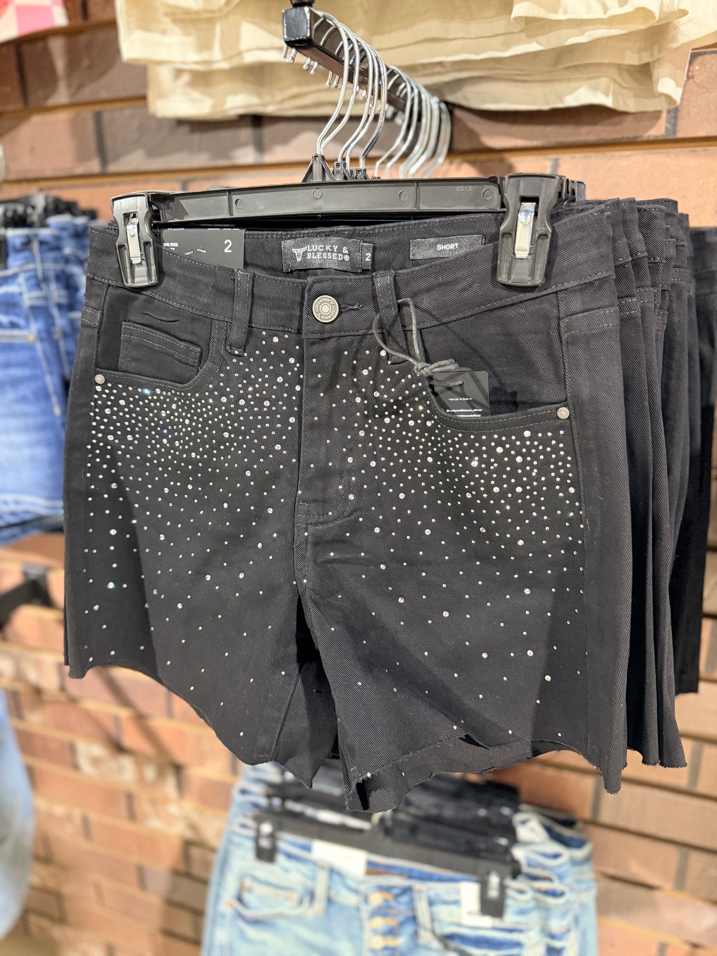 L&B Black Mid Rise Rhinestone Cutoff Denim Shorts