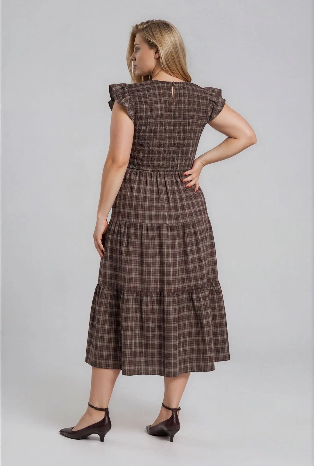 Brown Plaid Smocked Flutter Sleeve Dress