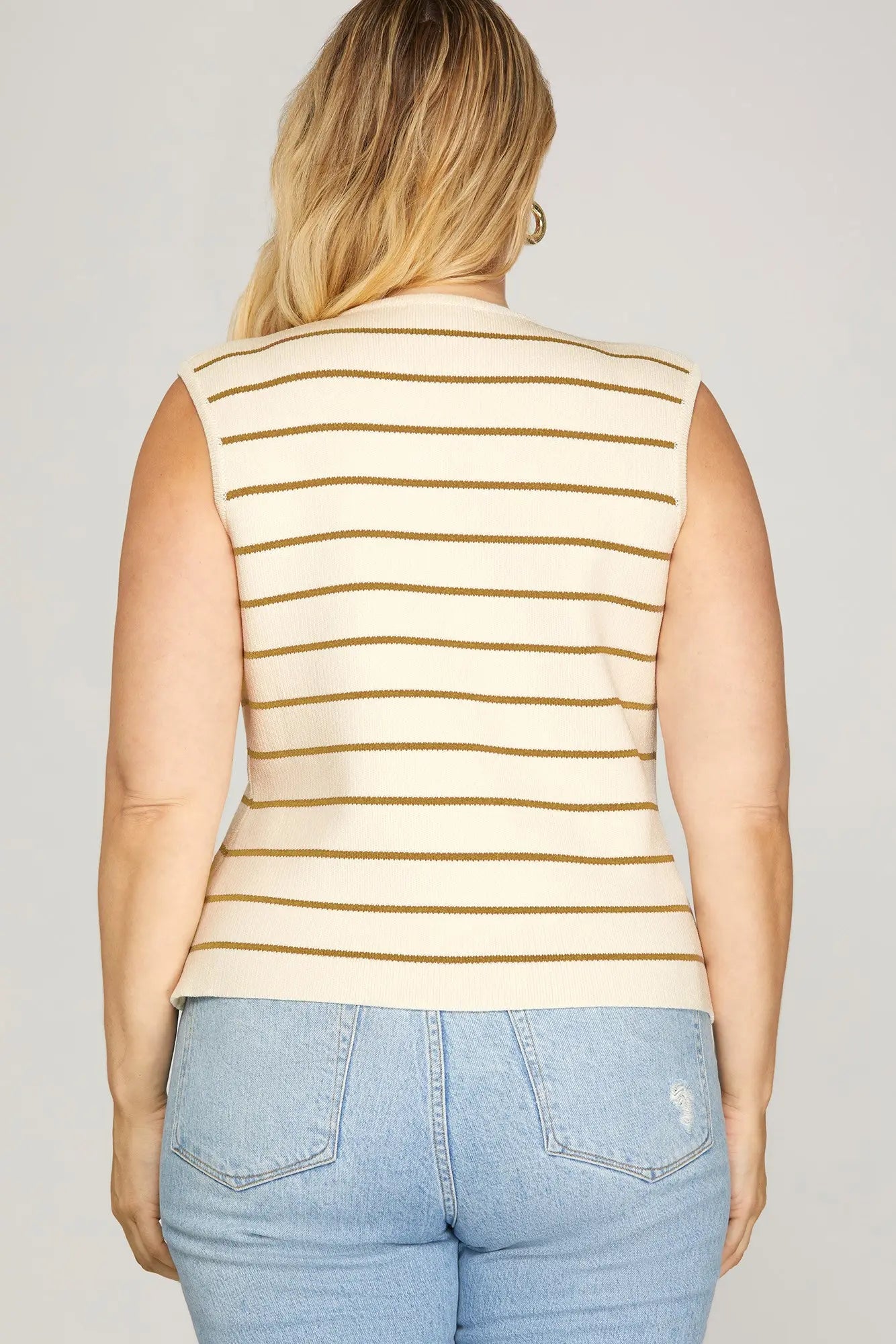 Taupe Striped Sleeveless Button Down Vest Top