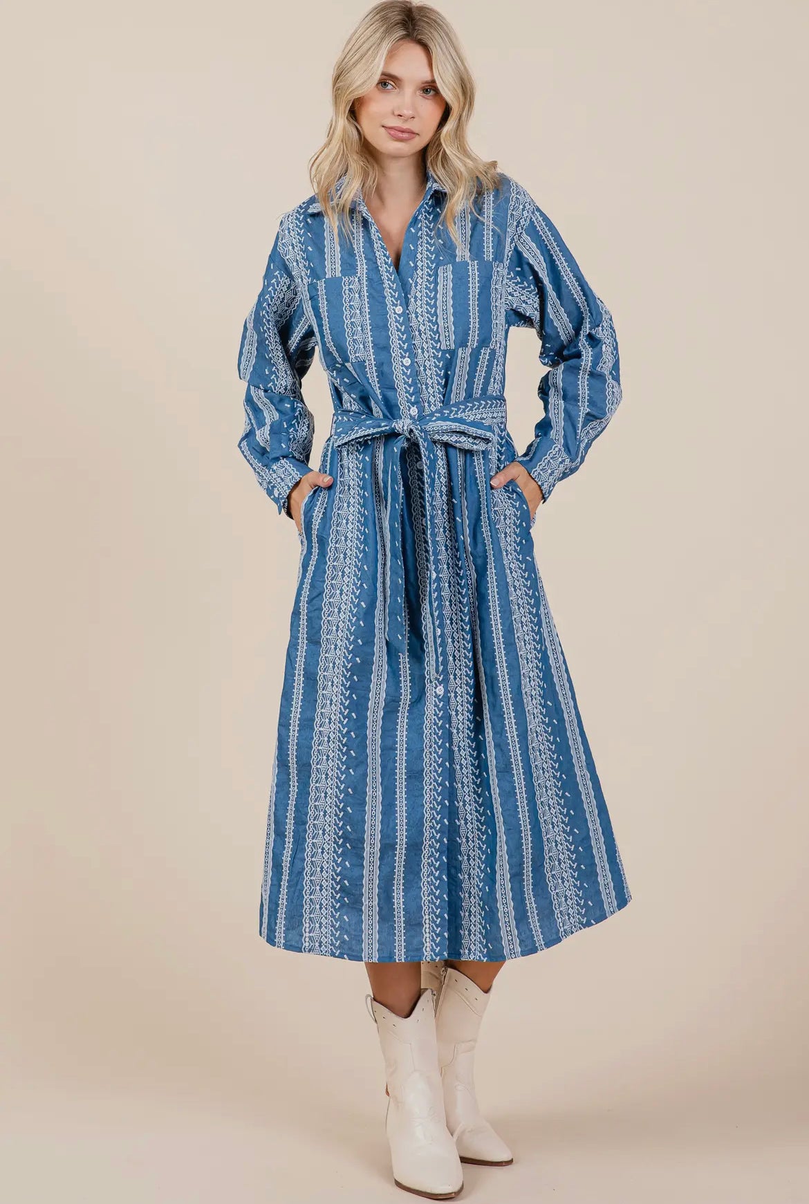 Denim Embroidered Midi Shirt Dress