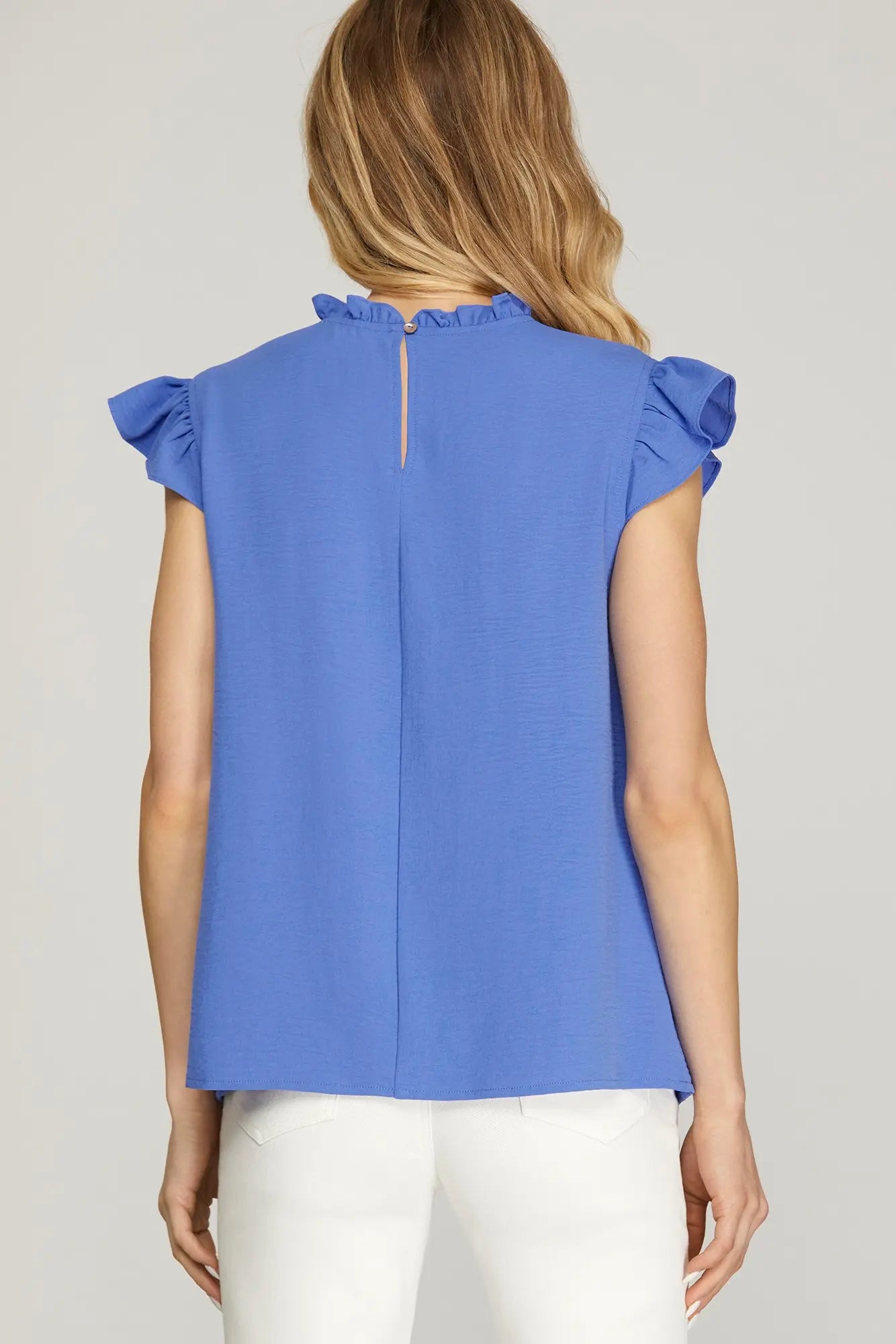 Blue Ruffle Detail Pintuck Top