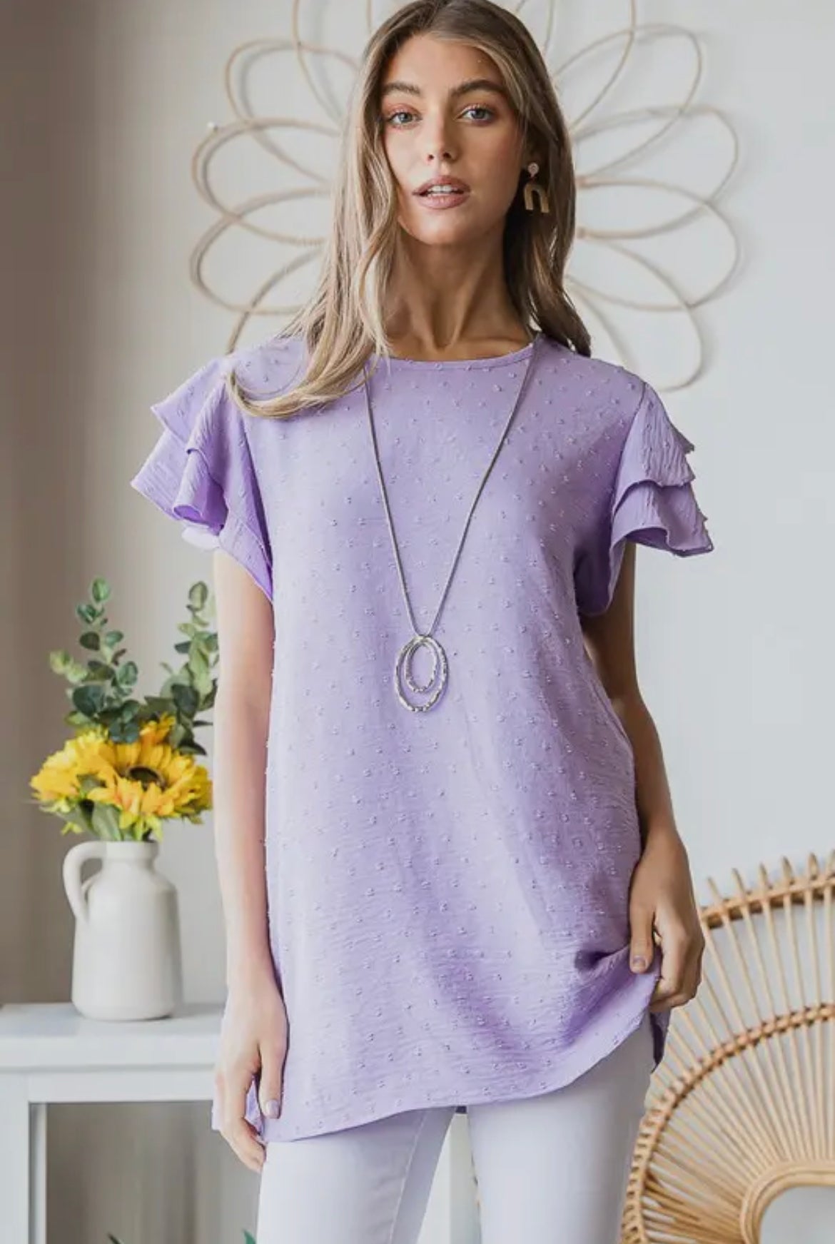 3XL Lavender Swiss Dot Ruffle Sleeve Top