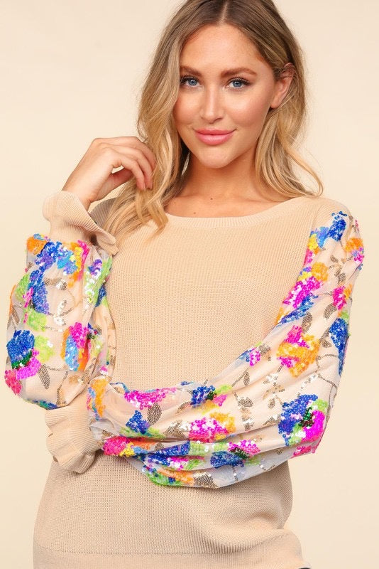 Tan Sequin Long Sleeve Top