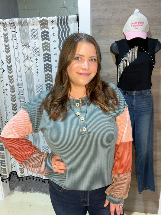 Vintage Olive Ribbed Colorblock Top