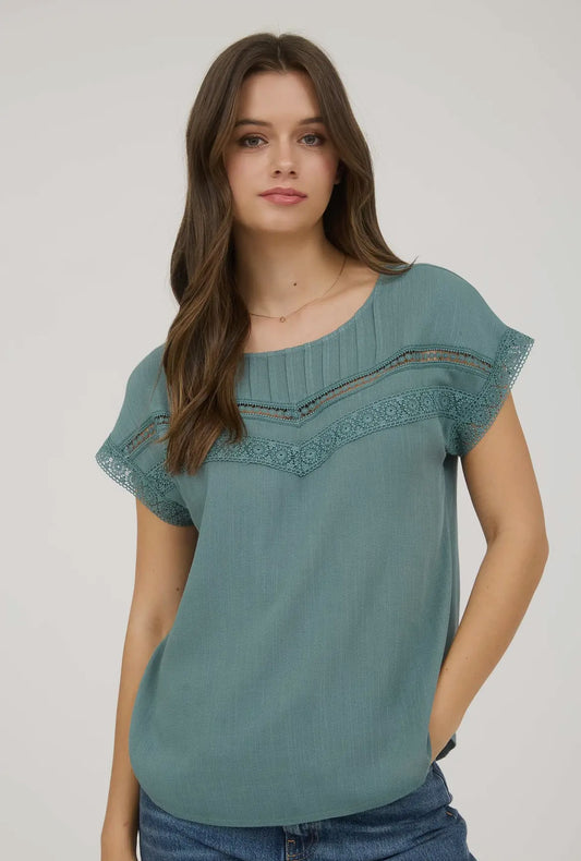 Dusty Teal Lace Trim Blouse