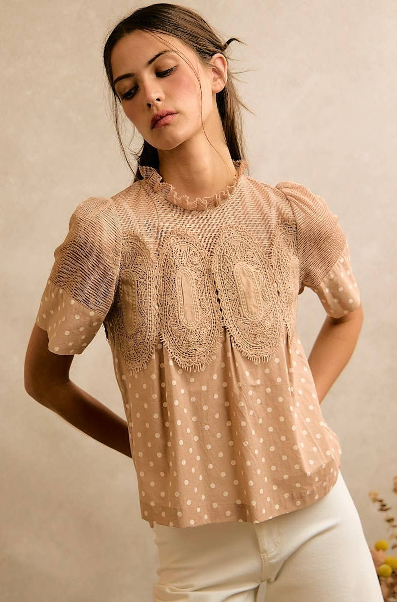 Beige Polka Dot Lace Trim Top