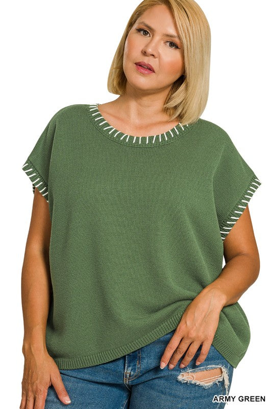 Army Green Stitched Edge Sweater Vest