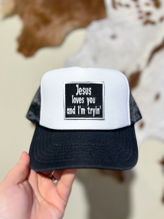 Jesus Loves You Black & White Trucker Hat