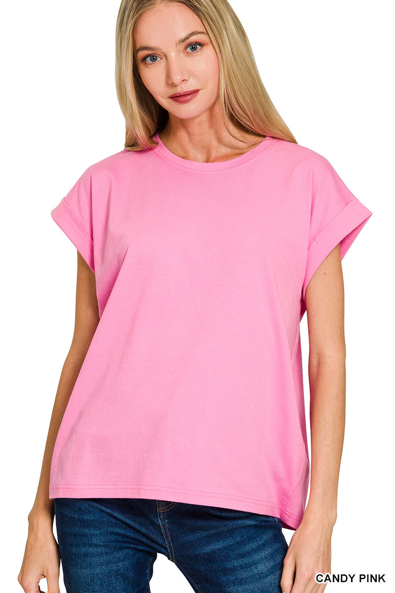 Candy Pink Cotton Rolled Sleeve Top