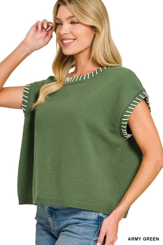 Army Green Stitched Edge Sweater Vest