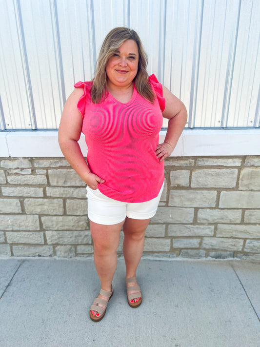 Coral Pink Ribbed Ruffle Sleeve Top