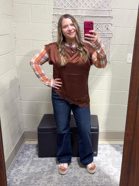 Brown Satin Lace Trim Asymmetric Top