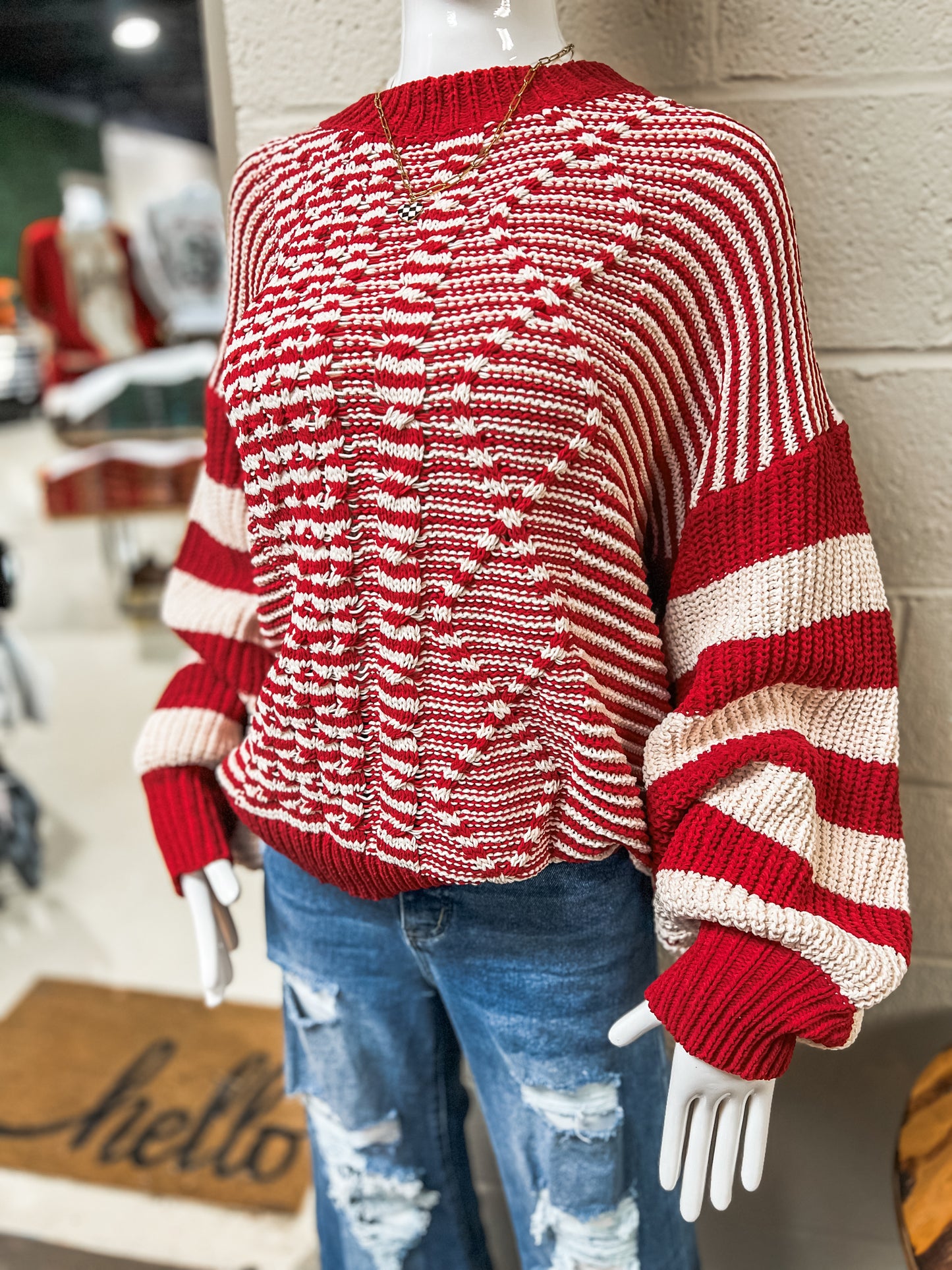 Red and White Stripe Crochet Sweater