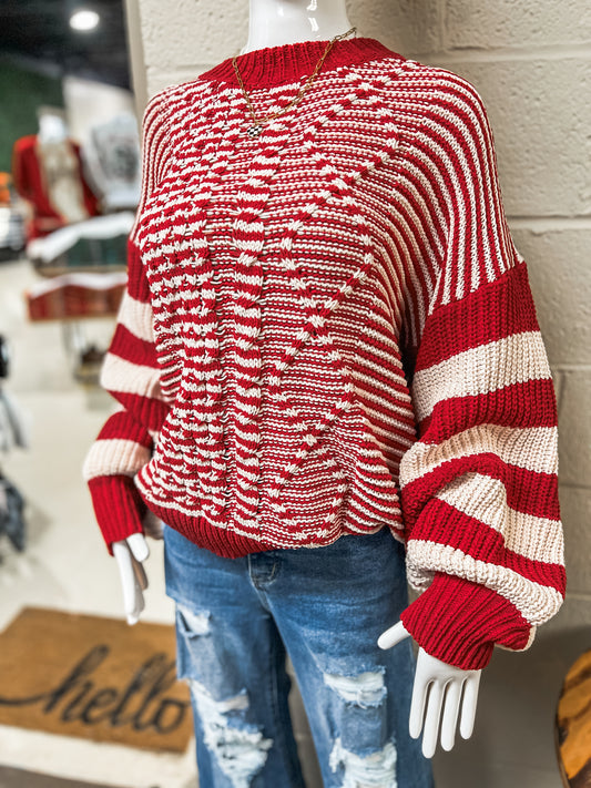 Red and White Stripe Crochet Sweater