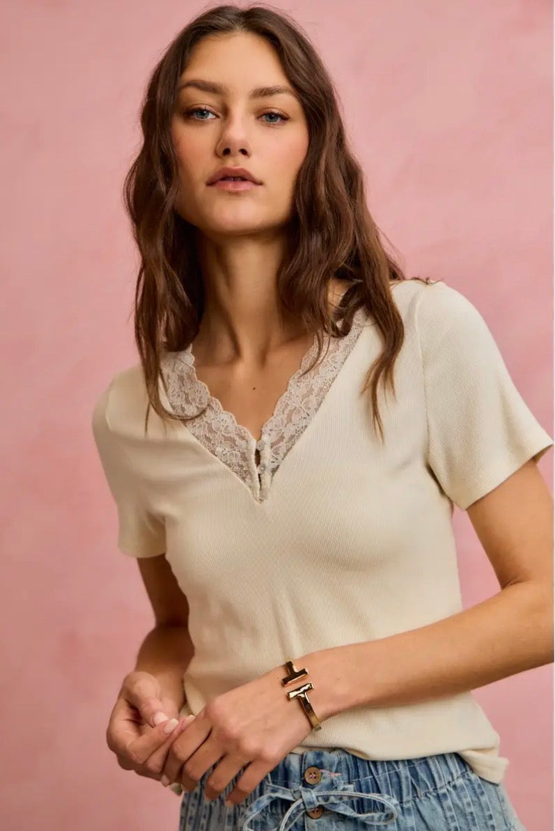 Cream Lace Detail Ribbed Top