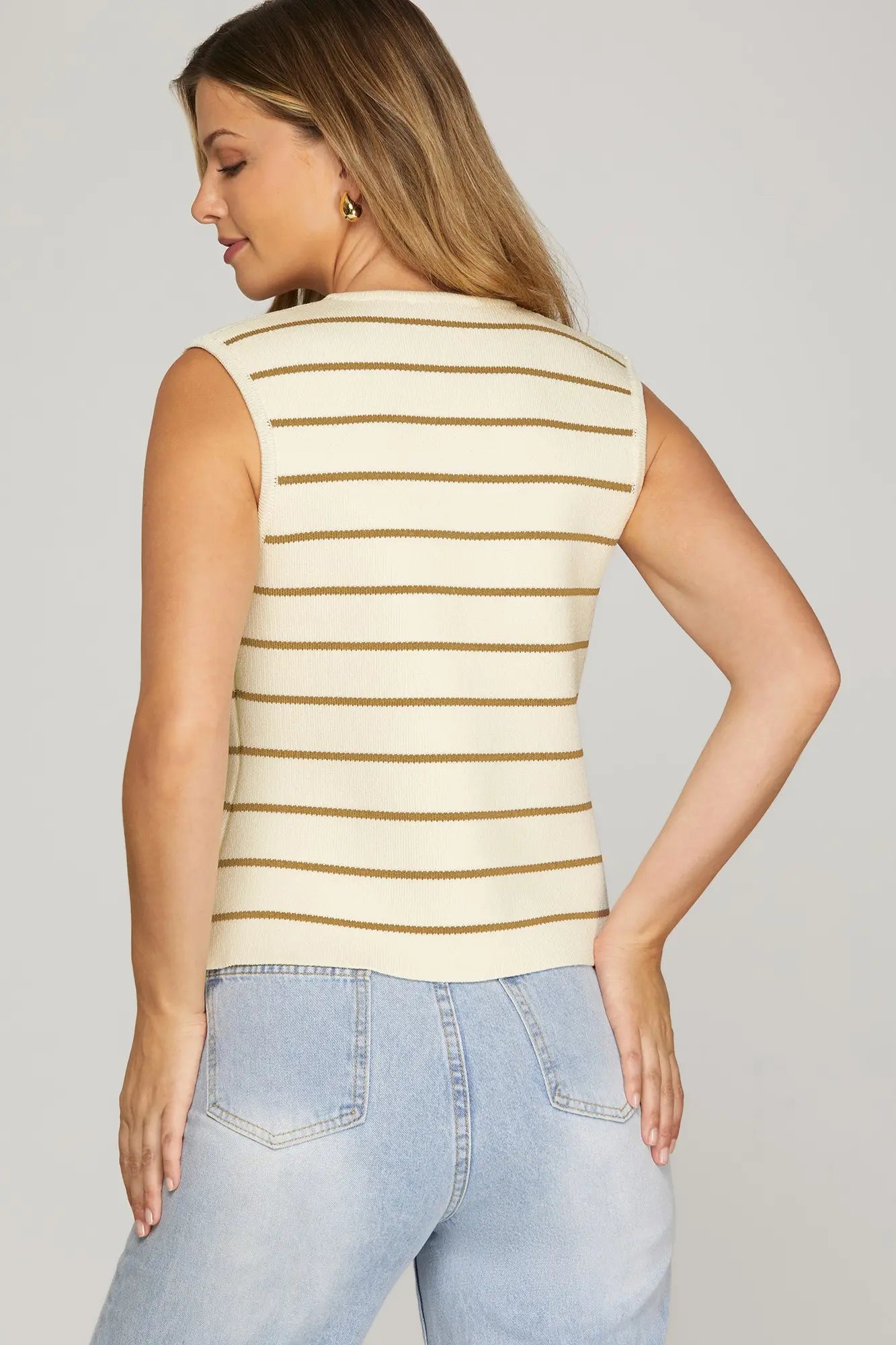 Taupe Striped Sleeveless Button Down Vest Top