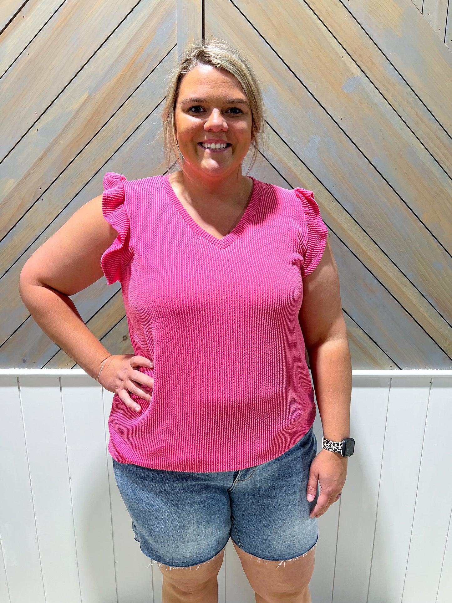 3XL Fuchsia Ribbed Ruffle Sleeve Top